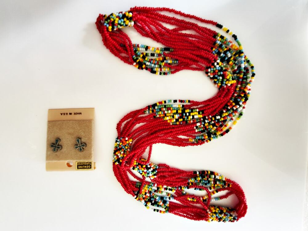Red Multicolor Seed Bead Necklace & Crushed Turquoise Mini Cross Stud Earrings